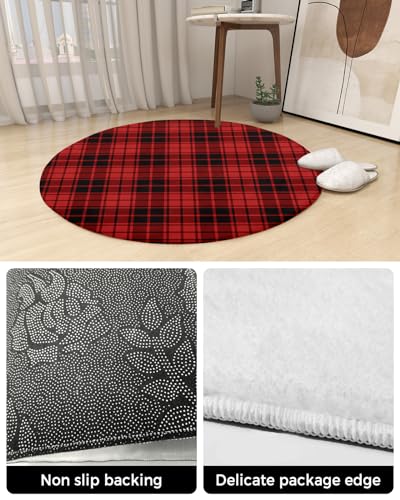 Christmas Fluffy Round Area Rug Carpets 3.3ft, Plush Shaggy Carpet Soft Circular Rugs, Non-Slip Fuzzy Accent Floor Mat for Living Room Bedroom Nursery Home Decor Buffalo Plaid Red Black Lattice