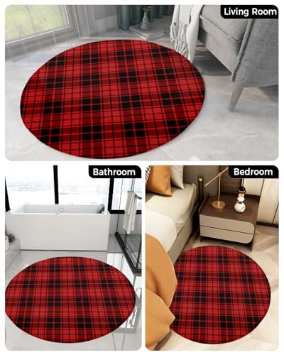 Christmas Fluffy Round Area Rug Carpets 3.3ft, Plush Shaggy Carpet Soft Circular Rugs, Non-Slip Fuzzy Accent Floor Mat for Living Room Bedroom Nursery Home Decor Buffalo Plaid Red Black Lattice