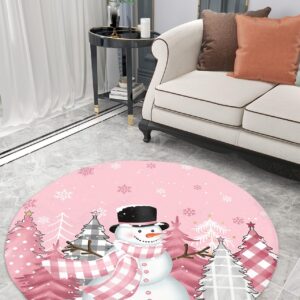 Blush Pink Snowman Fluffy Round Area Rug Carpets 4ft, Plush Shaggy Carpet Soft Circular Rugs, Non-Slip Fuzzy Accent Floor Mat for Living Room Bedroom Nursery Home Decor Christmas Dot Plaid Tree