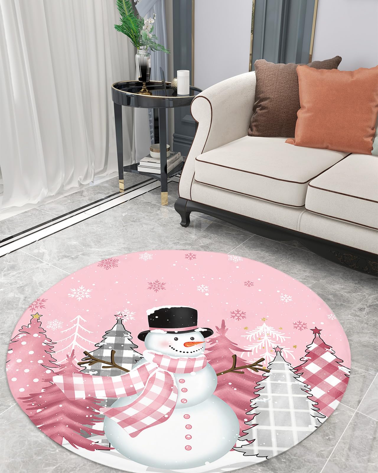 Blush Pink Snowman Fluffy Round Area Rug Carpets 4ft, Plush Shaggy Carpet Soft Circular Rugs, Non-Slip Fuzzy Accent Floor Mat for Living Room Bedroom Nursery Home Decor Christmas Dot Plaid Tree