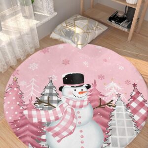 Blush Pink Snowman Fluffy Round Area Rug Carpets 4ft, Plush Shaggy Carpet Soft Circular Rugs, Non-Slip Fuzzy Accent Floor Mat for Living Room Bedroom Nursery Home Decor Christmas Dot Plaid Tree