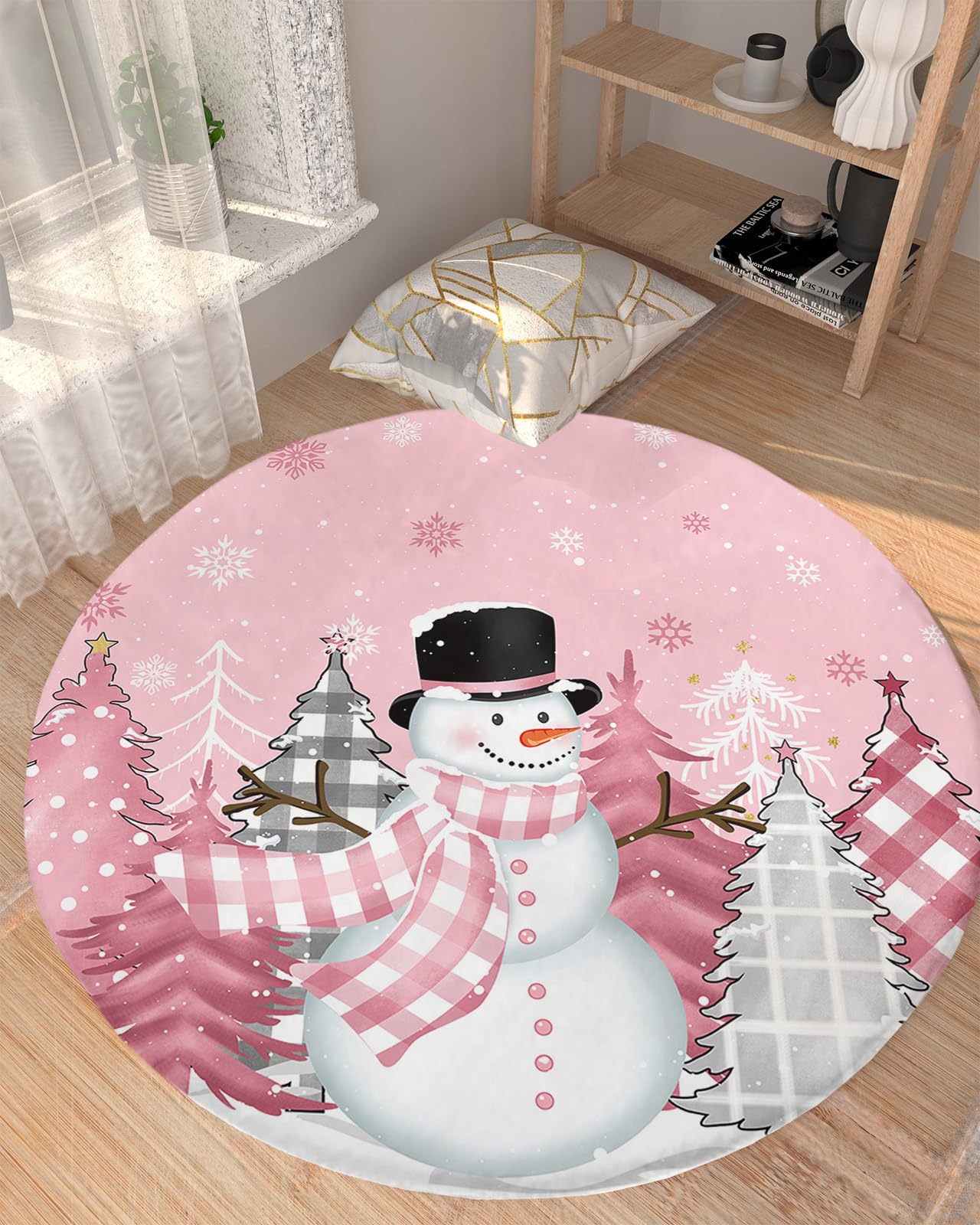 Blush Pink Snowman Fluffy Round Area Rug Carpets 4ft, Plush Shaggy Carpet Soft Circular Rugs, Non-Slip Fuzzy Accent Floor Mat for Living Room Bedroom Nursery Home Decor Christmas Dot Plaid Tree