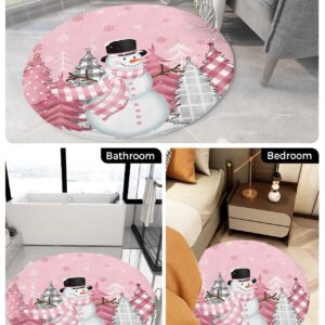 Blush Pink Snowman Fluffy Round Area Rug Carpets 4ft, Plush Shaggy Carpet Soft Circular Rugs, Non-Slip Fuzzy Accent Floor Mat for Living Room Bedroom Nursery Home Decor Christmas Dot Plaid Tree