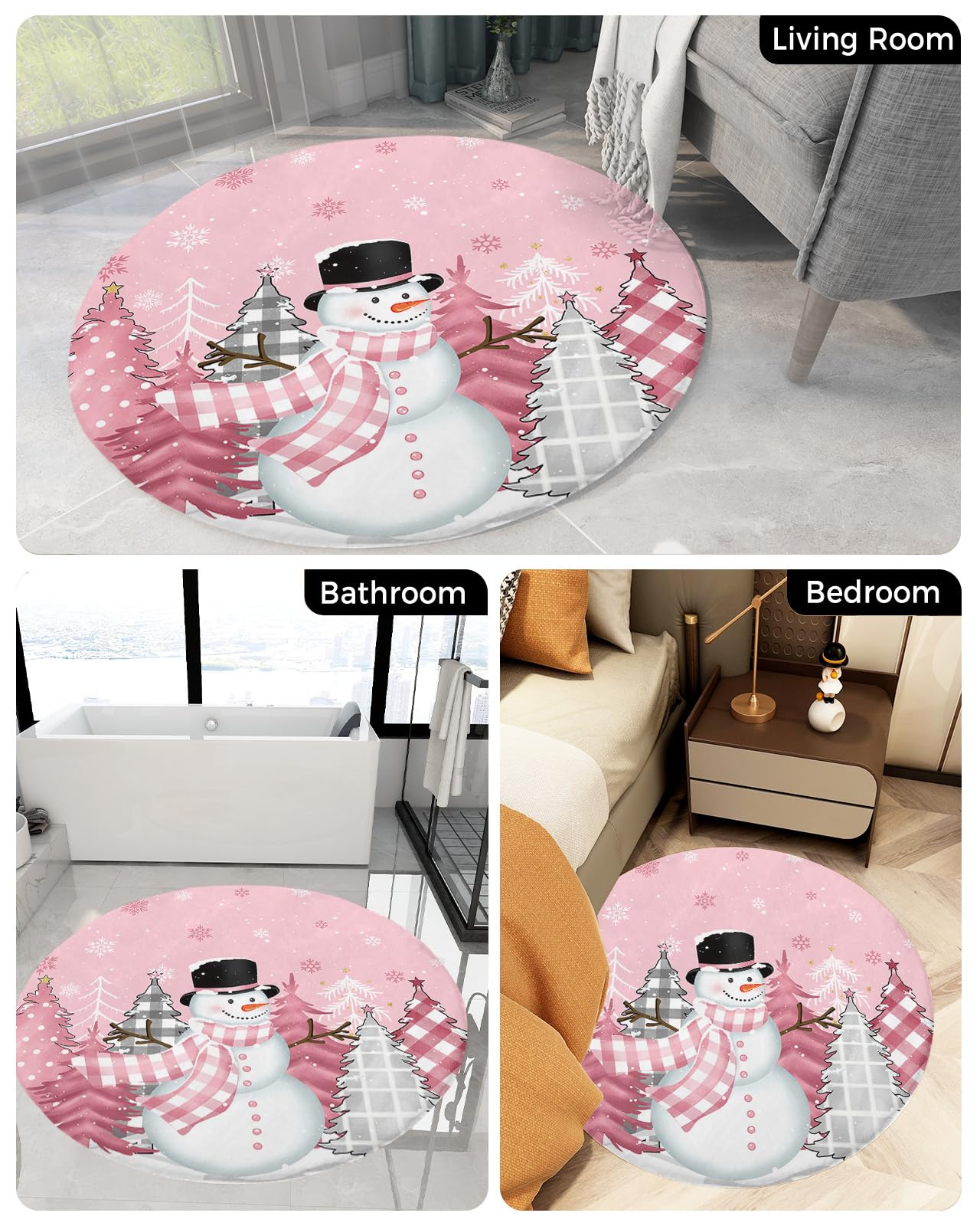 Blush Pink Snowman Fluffy Round Area Rug Carpets 4ft, Plush Shaggy Carpet Soft Circular Rugs, Non-Slip Fuzzy Accent Floor Mat for Living Room Bedroom Nursery Home Decor Christmas Dot Plaid Tree