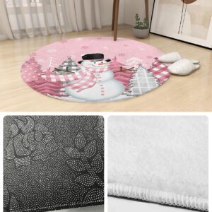 Blush Pink Snowman Fluffy Round Area Rug Carpets 4ft, Plush Shaggy Carpet Soft Circular Rugs, Non-Slip Fuzzy Accent Floor Mat for Living Room Bedroom Nursery Home Decor Christmas Dot Plaid Tree