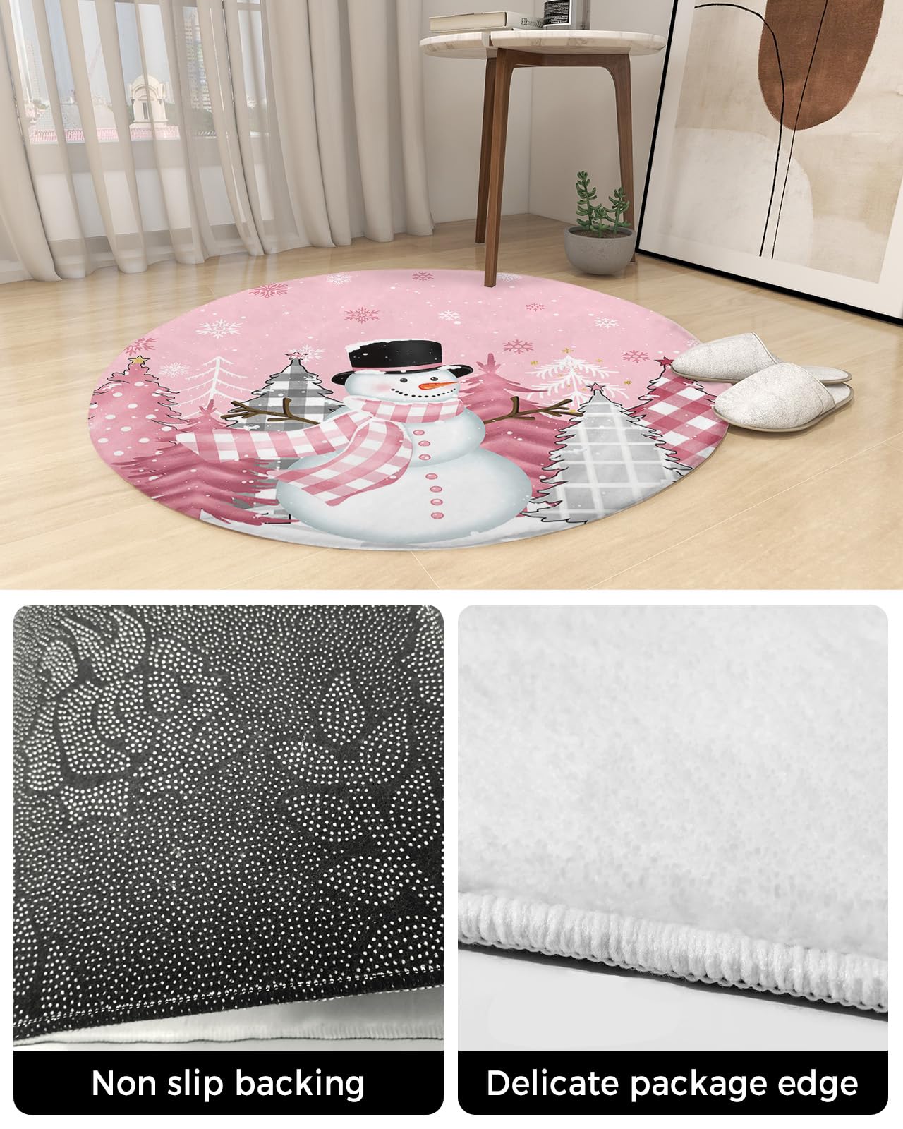 Blush Pink Snowman Fluffy Round Area Rug Carpets 4ft, Plush Shaggy Carpet Soft Circular Rugs, Non-Slip Fuzzy Accent Floor Mat for Living Room Bedroom Nursery Home Decor Christmas Dot Plaid Tree