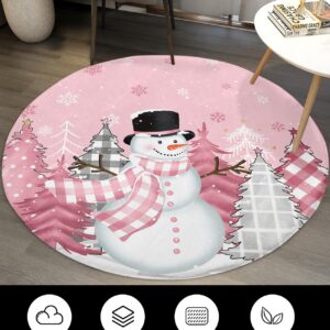 Blush Pink Snowman Fluffy Round Area Rug Carpets 4ft, Plush Shaggy Carpet Soft Circular Rugs, Non-Slip Fuzzy Accent Floor Mat for Living Room Bedroom Nursery Home Decor Christmas Dot Plaid Tree