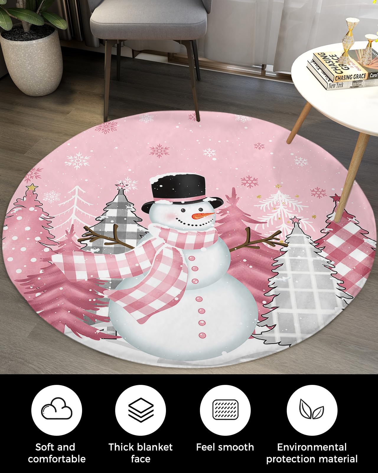 Blush Pink Snowman Fluffy Round Area Rug Carpets 4ft, Plush Shaggy Carpet Soft Circular Rugs, Non-Slip Fuzzy Accent Floor Mat for Living Room Bedroom Nursery Home Decor Christmas Dot Plaid Tree