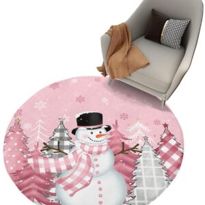 Blush Pink Snowman Fluffy Round Area Rug Carpets 4ft, Plush Shaggy Carpet Soft Circular Rugs, Non-Slip Fuzzy Accent Floor Mat for Living Room Bedroom Nursery Home Decor Christmas Dot Plaid Tree