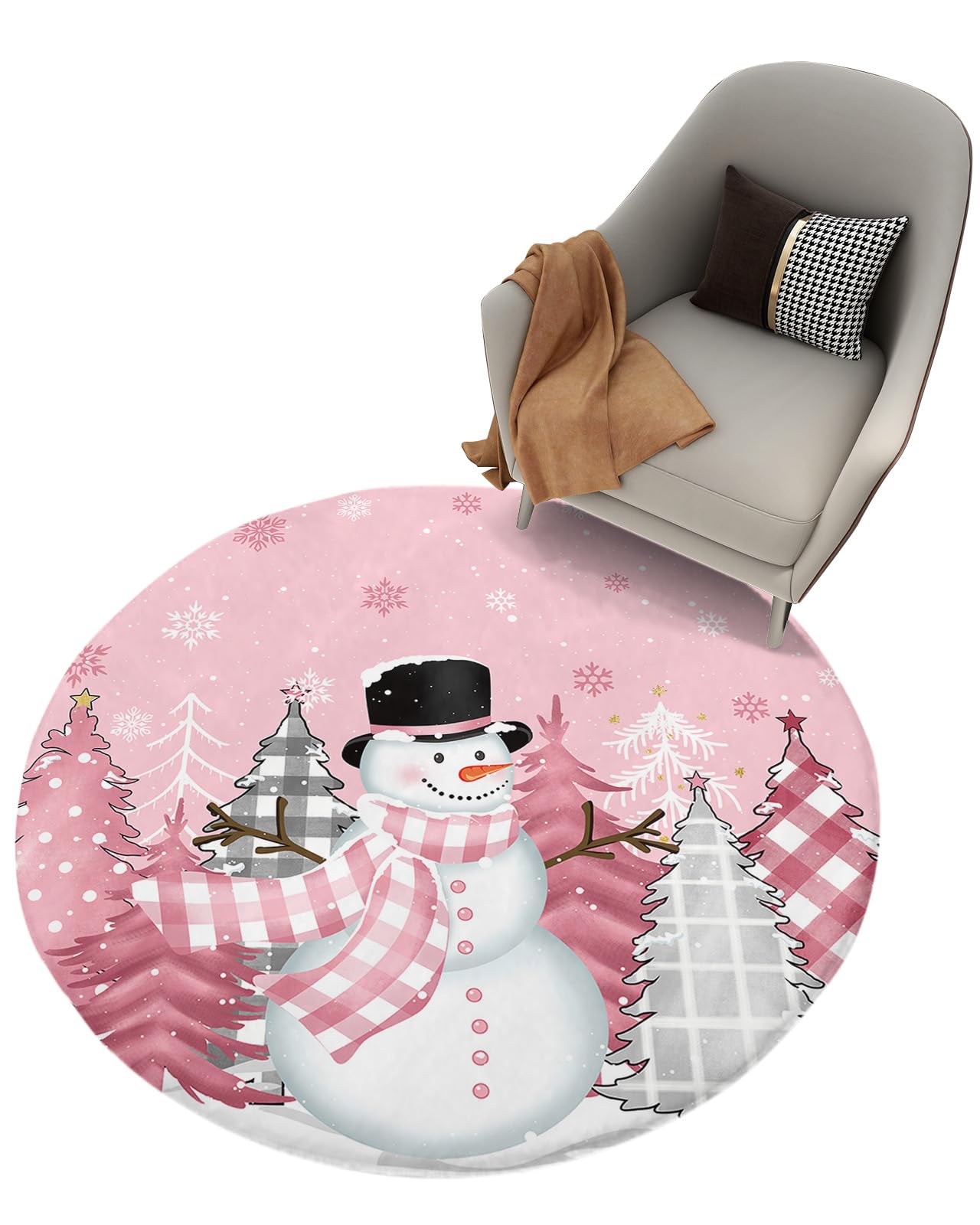 Blush Pink Snowman Fluffy Round Area Rug Carpets 4ft, Plush Shaggy Carpet Soft Circular Rugs, Non-Slip Fuzzy Accent Floor Mat for Living Room Bedroom Nursery Home Decor Christmas Dot Plaid Tree