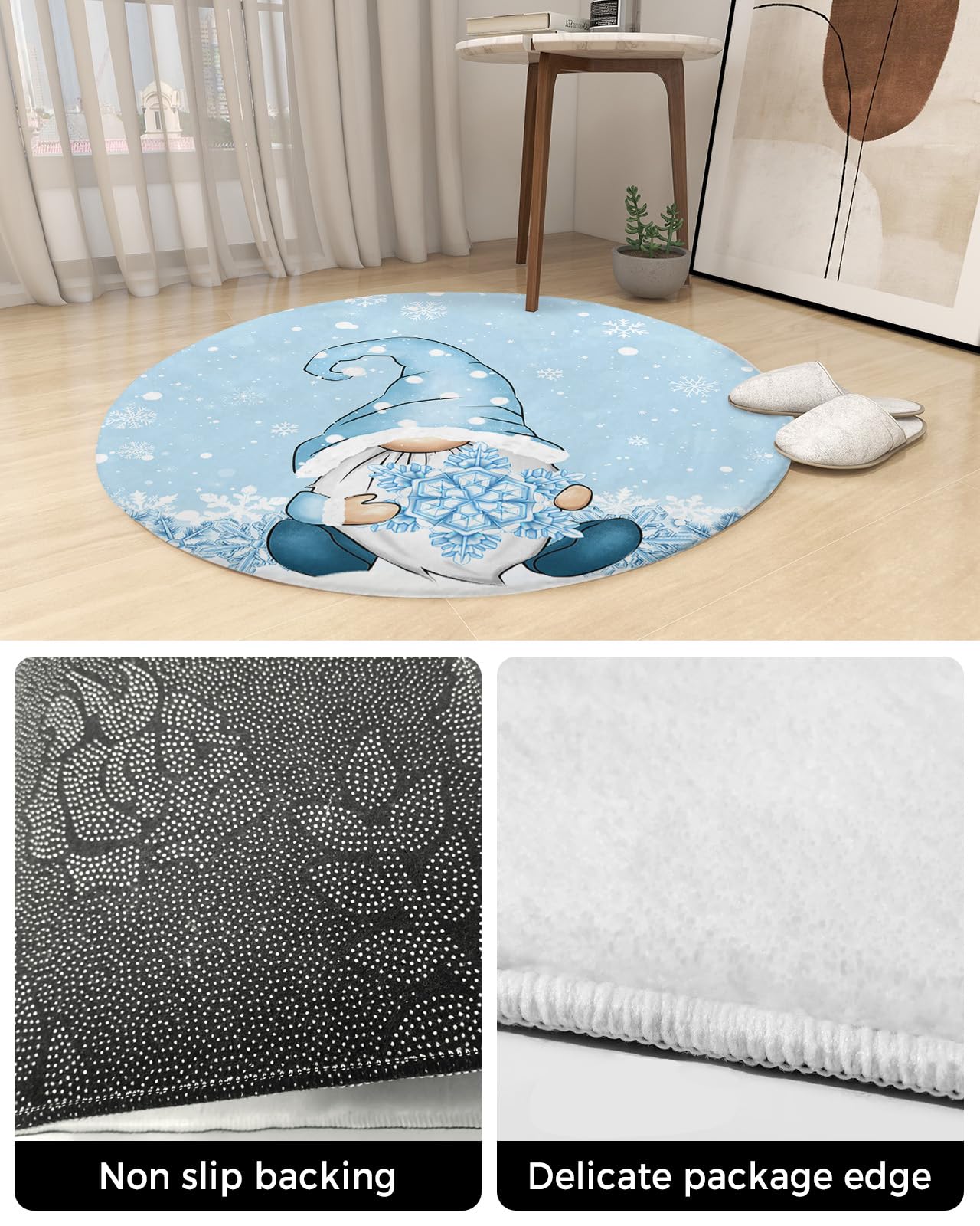 Winter Fluffy Round Area Rug Carpets 4ft, Plush Shaggy Carpet Soft Circular Rugs, Non-Slip Fuzzy Accent Floor Mat for Living Room Bedroom Nursery Home Decor Christmas Gnomes Blue Snowflake