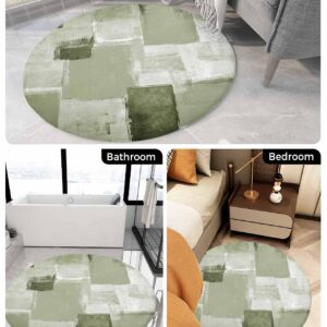 Sage Green Geometric Fluffy Round Area Rug Carpets 3ft, Plush Shaggy Carpet Soft Circular Rugs, Non-Slip Fuzzy Accent Floor Mat for Living Room Bedroom Nursery Decor Modern Abstract Smear Street Art