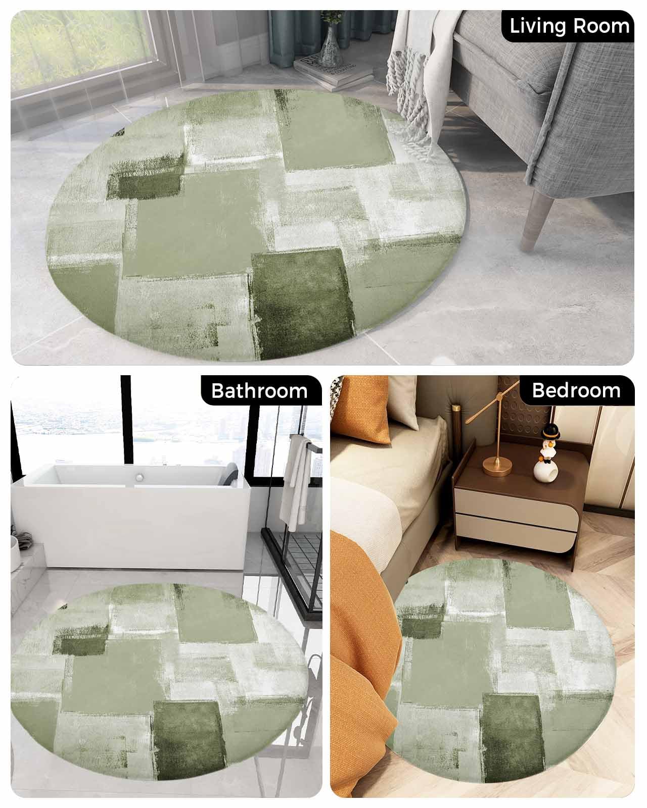 Sage Green Geometric Fluffy Round Area Rug Carpets 3ft, Plush Shaggy Carpet Soft Circular Rugs, Non-Slip Fuzzy Accent Floor Mat for Living Room Bedroom Nursery Decor Modern Abstract Smear Street Art