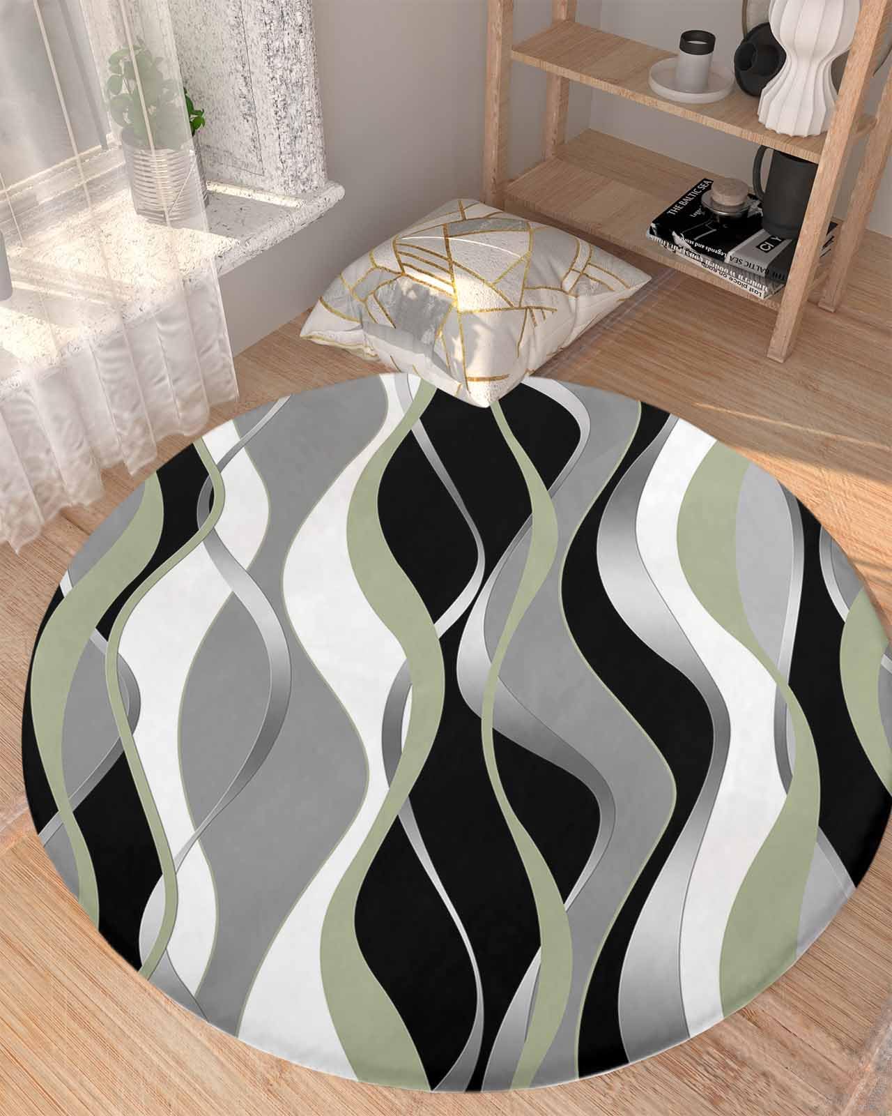 Sage Green Stripes Fluffy Round Area Rug Carpets 4ft, Plush Shaggy Carpet Soft Circular Rugs, Non-Slip Fuzzy Accent Floor Mat for Living Room Bedroom Nursery Decor Modern Geometric Black Grey White