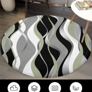 Sage Green Stripes Fluffy Round Area Rug Carpets 4ft, Plush Shaggy Carpet Soft Circular Rugs, Non-Slip Fuzzy Accent Floor Mat for Living Room Bedroom Nursery Decor Modern Geometric Black Grey White