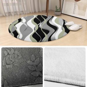 Sage Green Stripes Fluffy Round Area Rug Carpets 4ft, Plush Shaggy Carpet Soft Circular Rugs, Non-Slip Fuzzy Accent Floor Mat for Living Room Bedroom Nursery Decor Modern Geometric Black Grey White