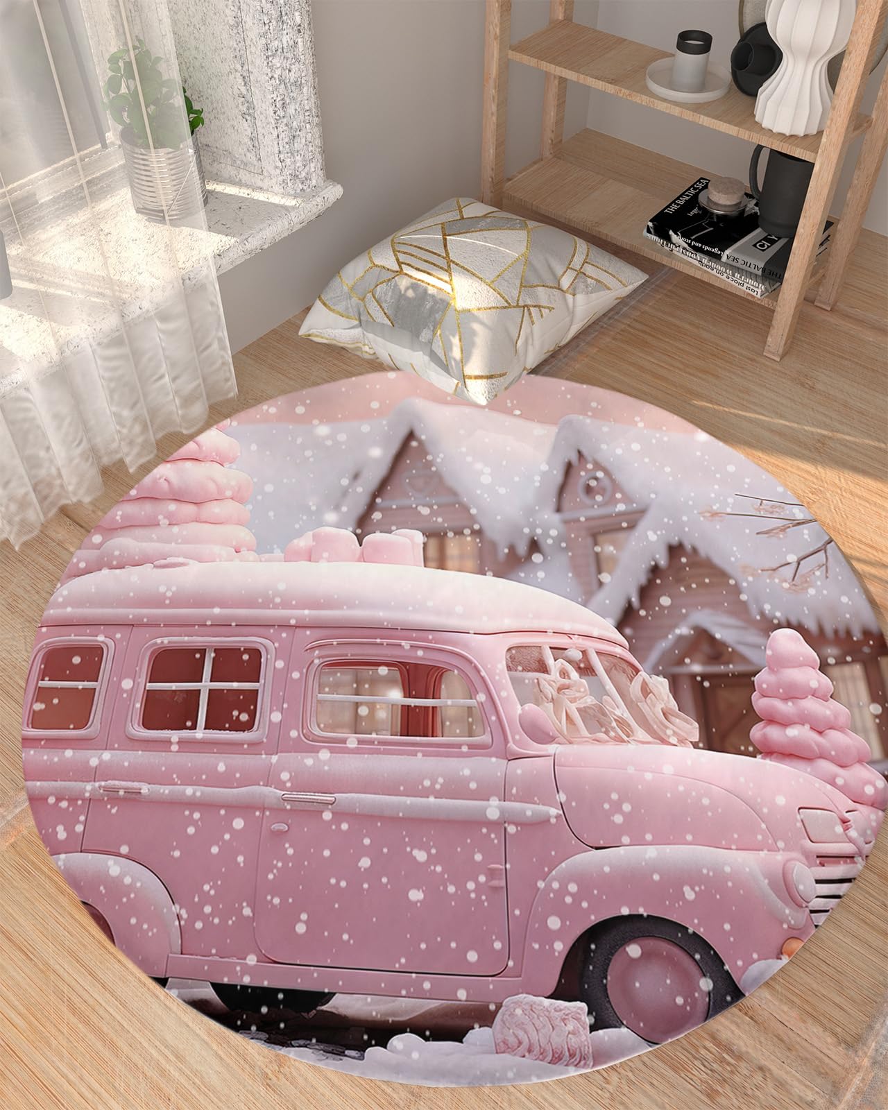 Christmas Fluffy Round Area Rug Carpets 3ft, Plush Shaggy Carpet Soft Circular Rugs, Non-Slip Fuzzy Accent Floor Mat for Living Room Bedroom Nursery Home Decor Blush Pink Farmhouse Winter Truck