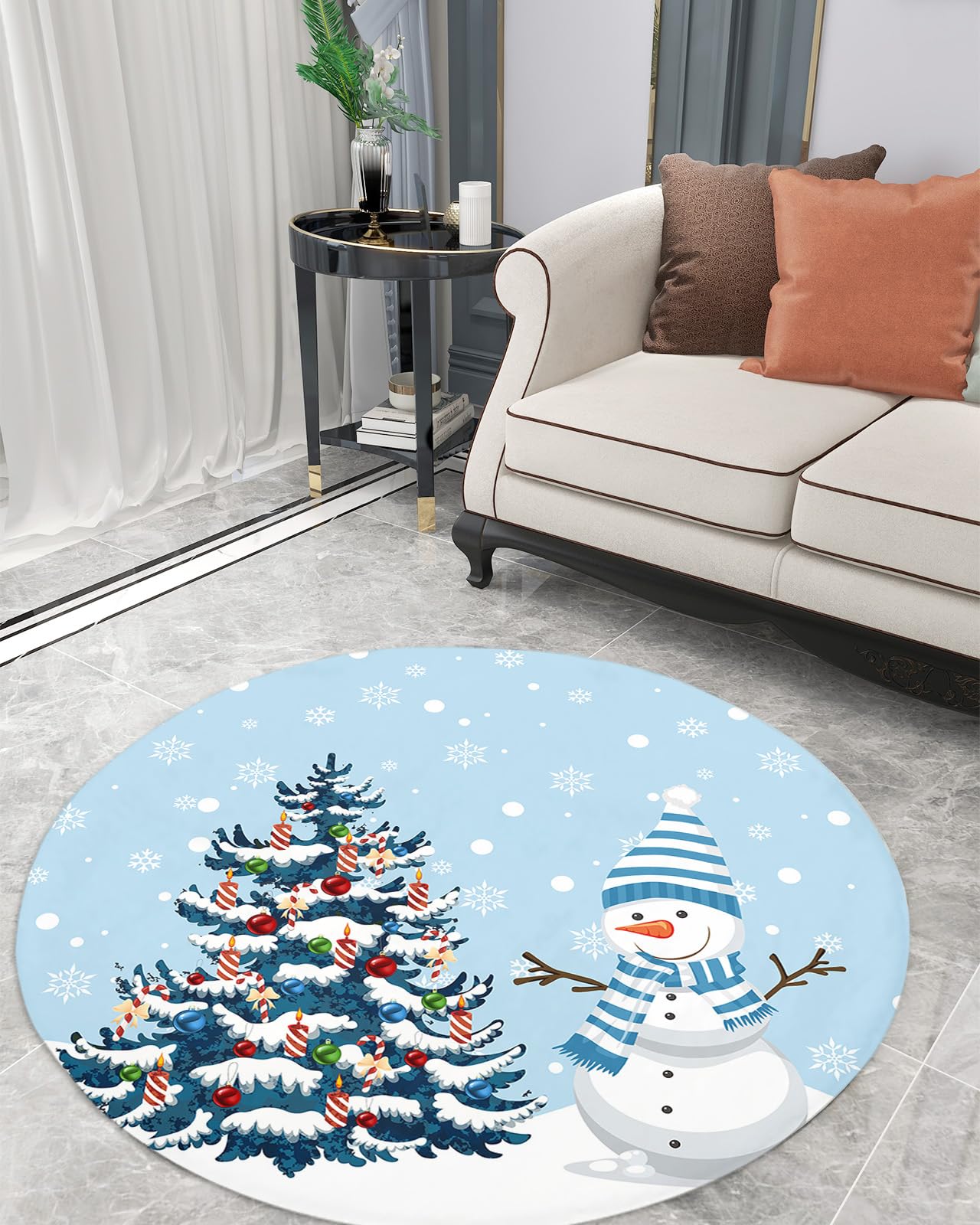 Christmas Fluffy Round Area Rug Carpets 3.3ft, Plush Shaggy Carpet Soft Circular Rugs, Non-Slip Fuzzy Accent Floor Mat for Living Room Bedroom Nursery Home Decor Colorful Snowy Tree Snowman Snowflake