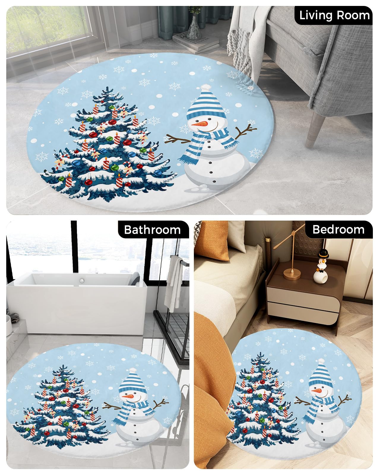 Christmas Fluffy Round Area Rug Carpets 3.3ft, Plush Shaggy Carpet Soft Circular Rugs, Non-Slip Fuzzy Accent Floor Mat for Living Room Bedroom Nursery Home Decor Colorful Snowy Tree Snowman Snowflake