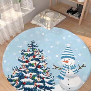 Christmas Fluffy Round Area Rug Carpets 3.3ft, Plush Shaggy Carpet Soft Circular Rugs, Non-Slip Fuzzy Accent Floor Mat for Living Room Bedroom Nursery Home Decor Colorful Snowy Tree Snowman Snowflake