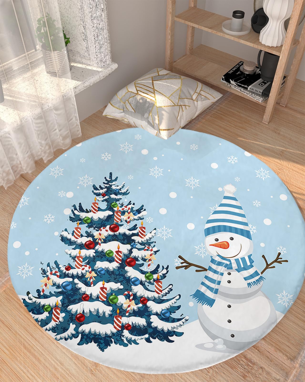 Christmas Fluffy Round Area Rug Carpets 3.3ft, Plush Shaggy Carpet Soft Circular Rugs, Non-Slip Fuzzy Accent Floor Mat for Living Room Bedroom Nursery Home Decor Colorful Snowy Tree Snowman Snowflake