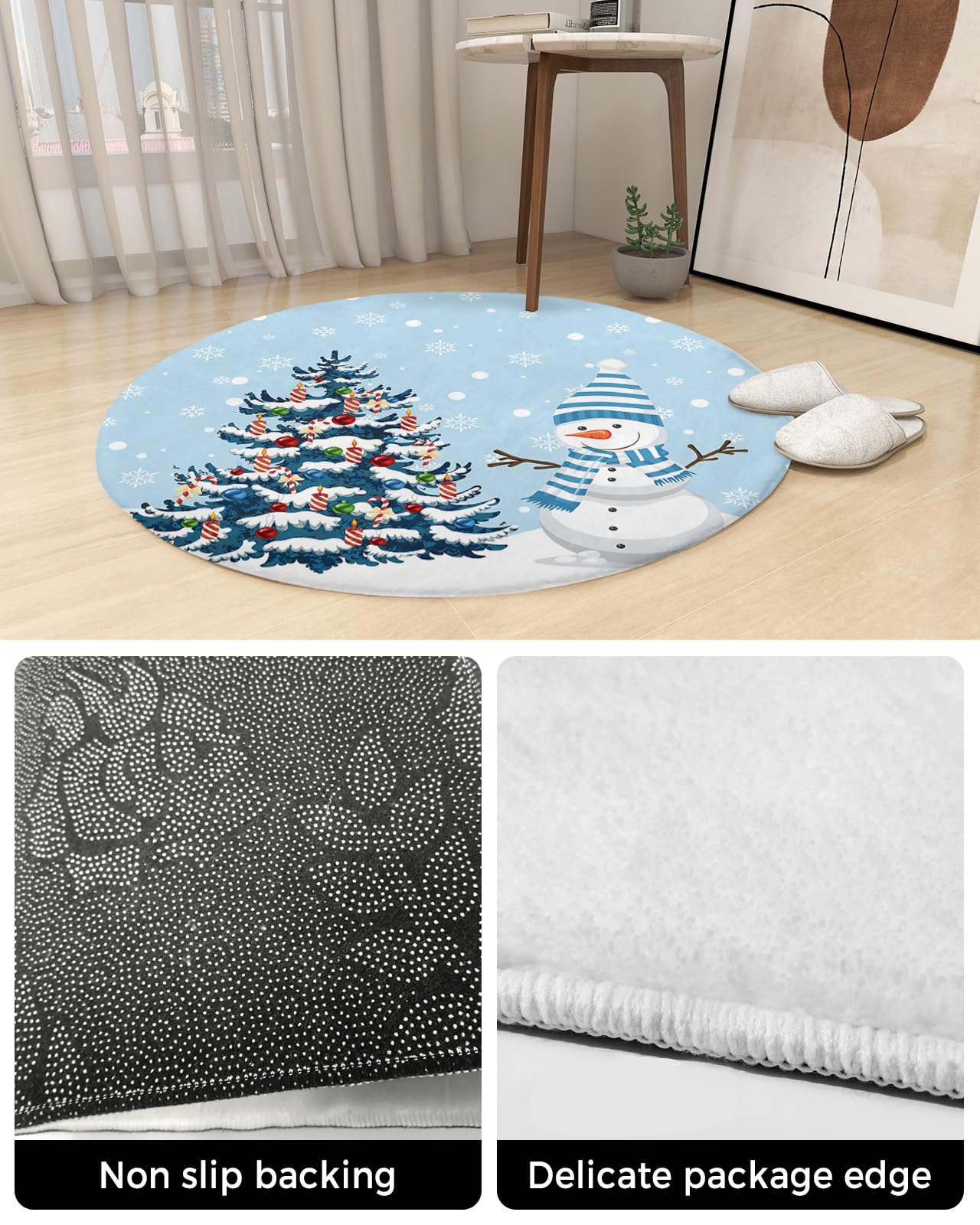 Christmas Fluffy Round Area Rug Carpets 3.3ft, Plush Shaggy Carpet Soft Circular Rugs, Non-Slip Fuzzy Accent Floor Mat for Living Room Bedroom Nursery Home Decor Colorful Snowy Tree Snowman Snowflake