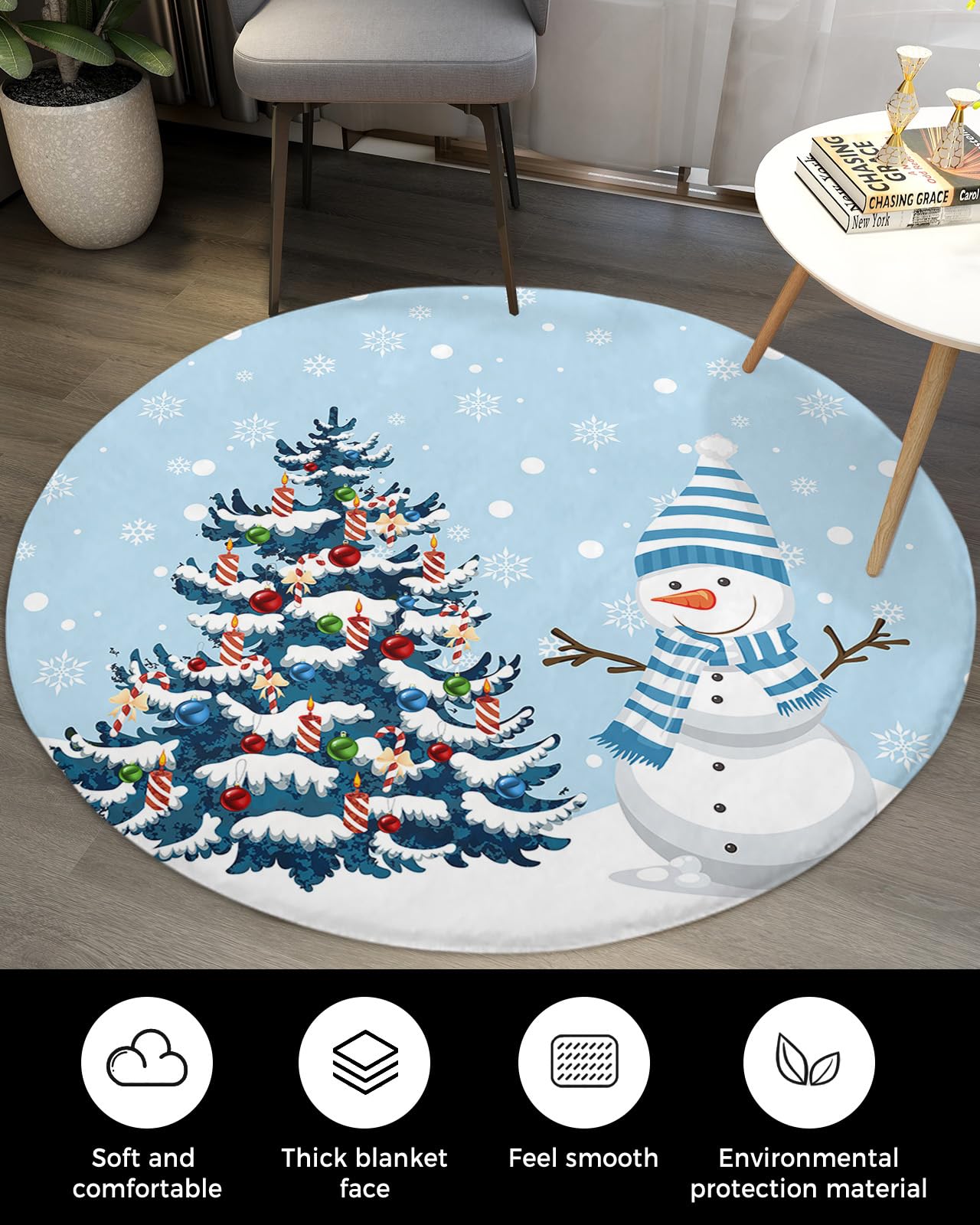 Christmas Fluffy Round Area Rug Carpets 3.3ft, Plush Shaggy Carpet Soft Circular Rugs, Non-Slip Fuzzy Accent Floor Mat for Living Room Bedroom Nursery Home Decor Colorful Snowy Tree Snowman Snowflake