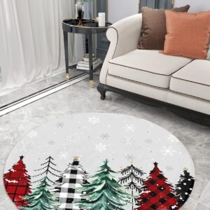 Christmas Fluffy Round Area Rug Carpets 3ft, Plush Shaggy Carpet Soft Circular Rugs, Non-Slip Fuzzy Accent Floor Mat for Living Room Bedroom Nursery Home Decor Plaid Pine Tree Red Green Dots Grey