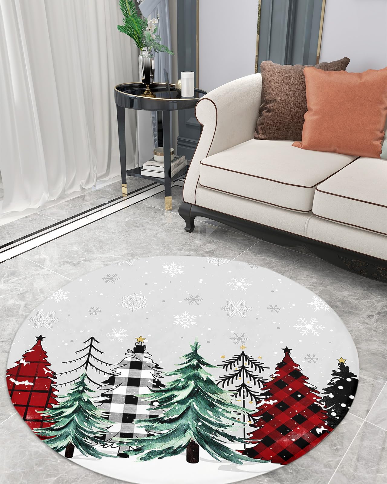 Christmas Fluffy Round Area Rug Carpets 3ft, Plush Shaggy Carpet Soft Circular Rugs, Non-Slip Fuzzy Accent Floor Mat for Living Room Bedroom Nursery Home Decor Plaid Pine Tree Red Green Dots Grey