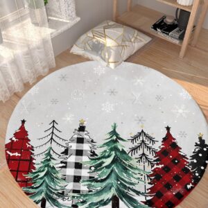 Christmas Fluffy Round Area Rug Carpets 3ft, Plush Shaggy Carpet Soft Circular Rugs, Non-Slip Fuzzy Accent Floor Mat for Living Room Bedroom Nursery Home Decor Plaid Pine Tree Red Green Dots Grey