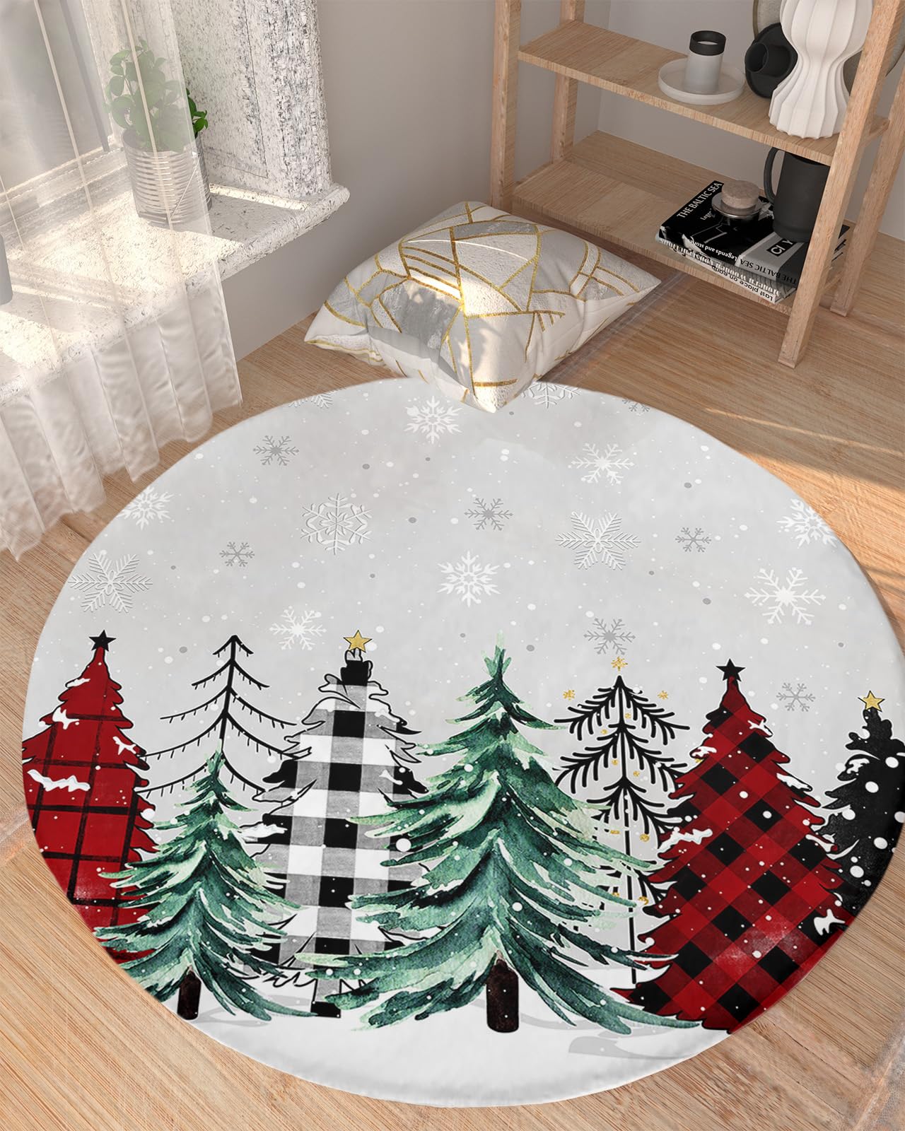 Christmas Fluffy Round Area Rug Carpets 3ft, Plush Shaggy Carpet Soft Circular Rugs, Non-Slip Fuzzy Accent Floor Mat for Living Room Bedroom Nursery Home Decor Plaid Pine Tree Red Green Dots Grey