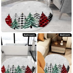 Christmas Fluffy Round Area Rug Carpets 3ft, Plush Shaggy Carpet Soft Circular Rugs, Non-Slip Fuzzy Accent Floor Mat for Living Room Bedroom Nursery Home Decor Plaid Pine Tree Red Green Dots Grey