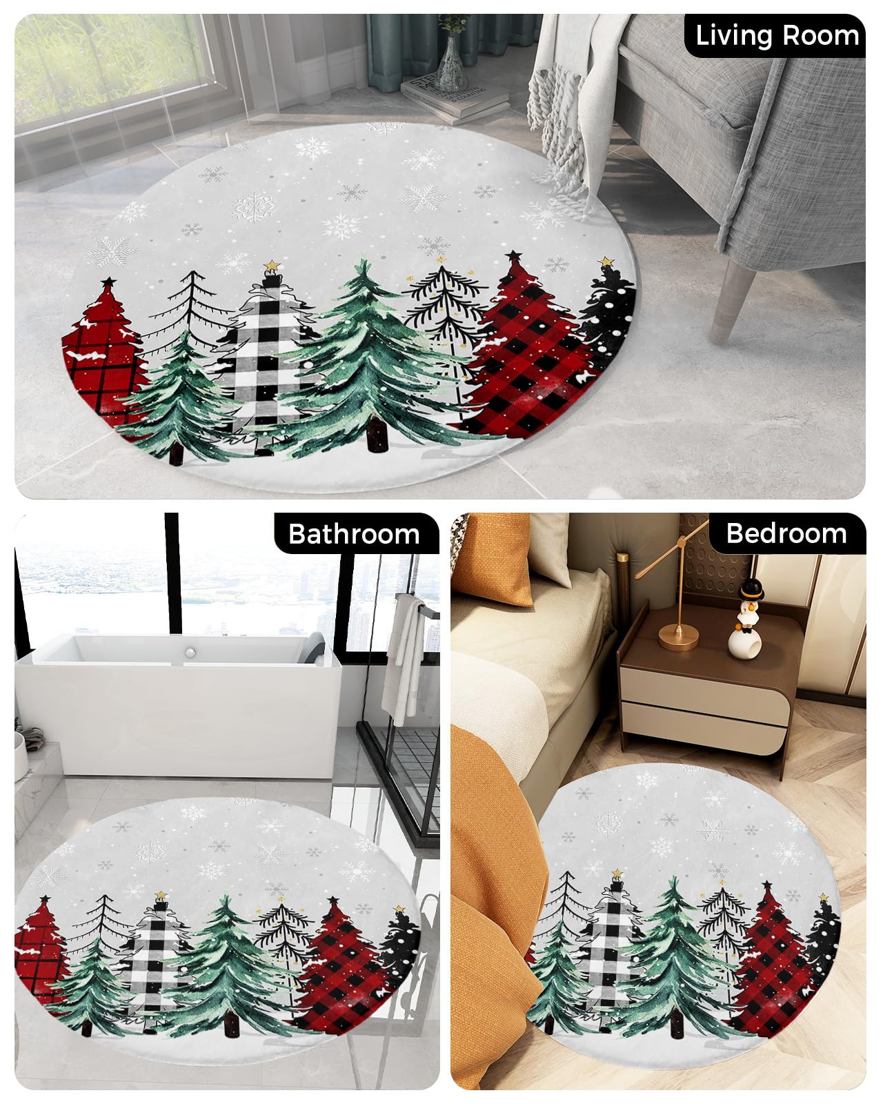 Christmas Fluffy Round Area Rug Carpets 3ft, Plush Shaggy Carpet Soft Circular Rugs, Non-Slip Fuzzy Accent Floor Mat for Living Room Bedroom Nursery Home Decor Plaid Pine Tree Red Green Dots Grey