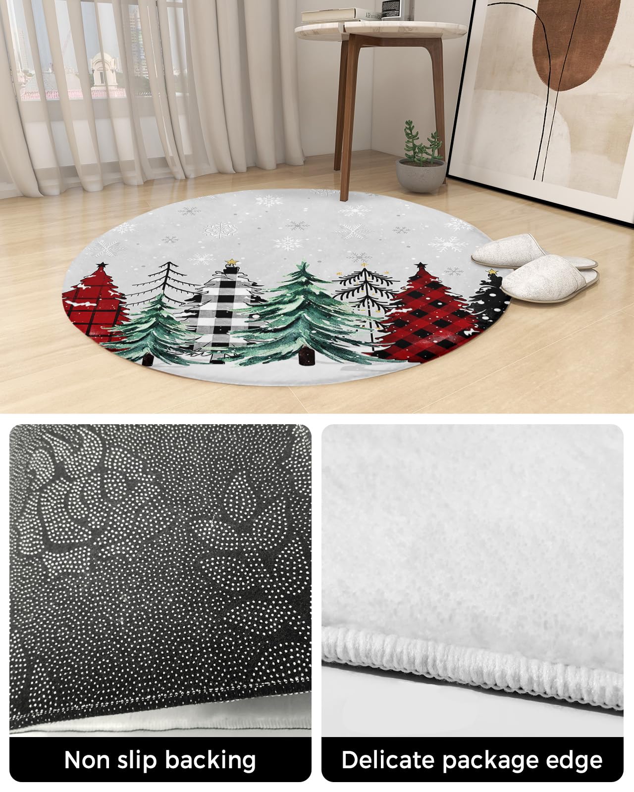 Christmas Fluffy Round Area Rug Carpets 3ft, Plush Shaggy Carpet Soft Circular Rugs, Non-Slip Fuzzy Accent Floor Mat for Living Room Bedroom Nursery Home Decor Plaid Pine Tree Red Green Dots Grey