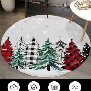 Christmas Fluffy Round Area Rug Carpets 3ft, Plush Shaggy Carpet Soft Circular Rugs, Non-Slip Fuzzy Accent Floor Mat for Living Room Bedroom Nursery Home Decor Plaid Pine Tree Red Green Dots Grey