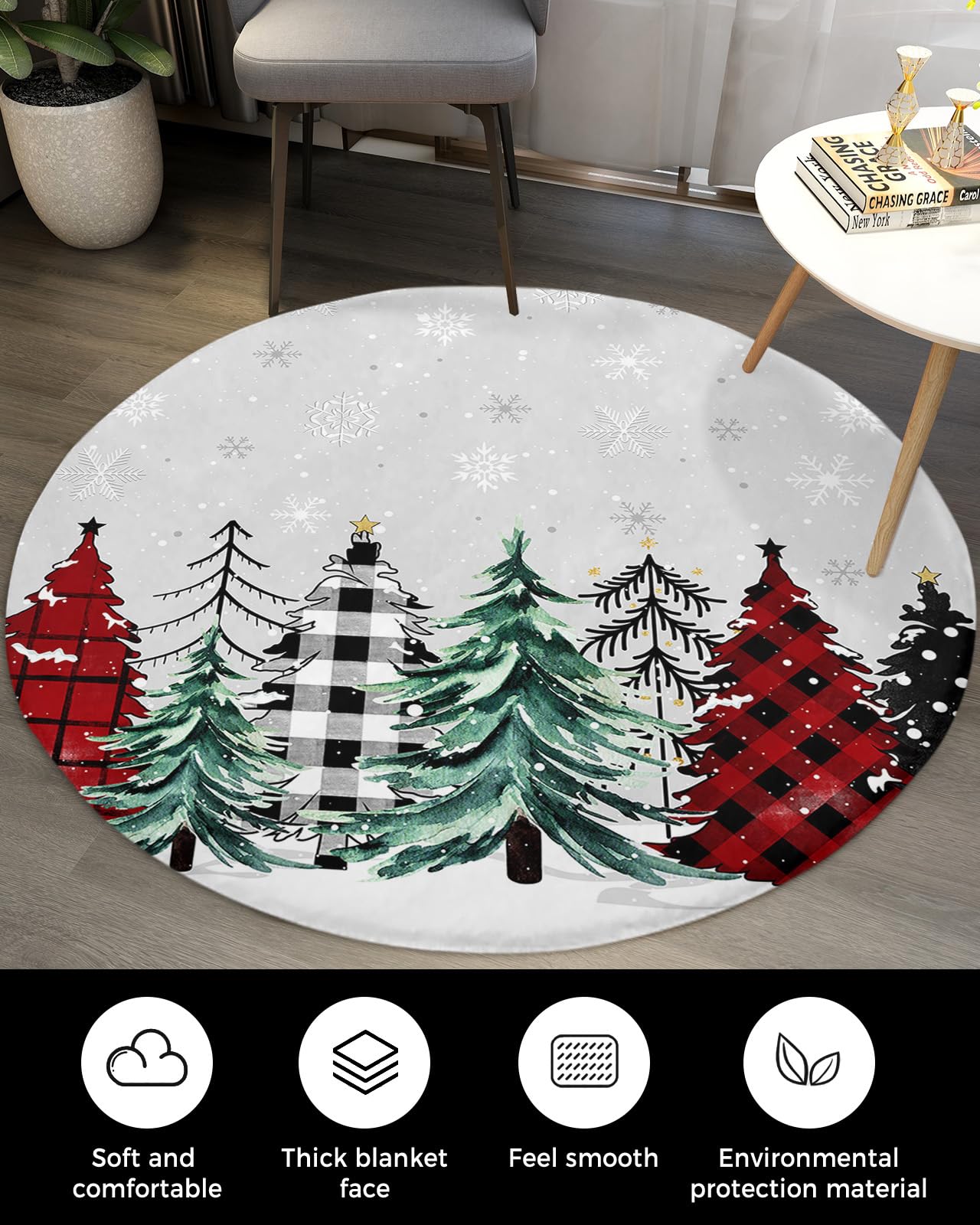 Christmas Fluffy Round Area Rug Carpets 3ft, Plush Shaggy Carpet Soft Circular Rugs, Non-Slip Fuzzy Accent Floor Mat for Living Room Bedroom Nursery Home Decor Plaid Pine Tree Red Green Dots Grey