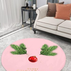 Blush Pink Christmas Fluffy Round Area Rug Carpets 4ft, Plush Shaggy Carpet Soft Circular Rugs, Non-Slip Fuzzy Accent Floor Mat for Living Room Bedroom Nursery Xmas Winter Pine Tree Leaf Green Gold