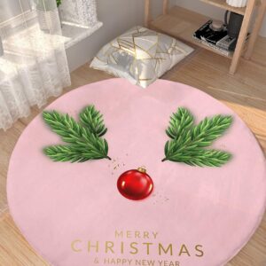 Blush Pink Christmas Fluffy Round Area Rug Carpets 4ft, Plush Shaggy Carpet Soft Circular Rugs, Non-Slip Fuzzy Accent Floor Mat for Living Room Bedroom Nursery Xmas Winter Pine Tree Leaf Green Gold