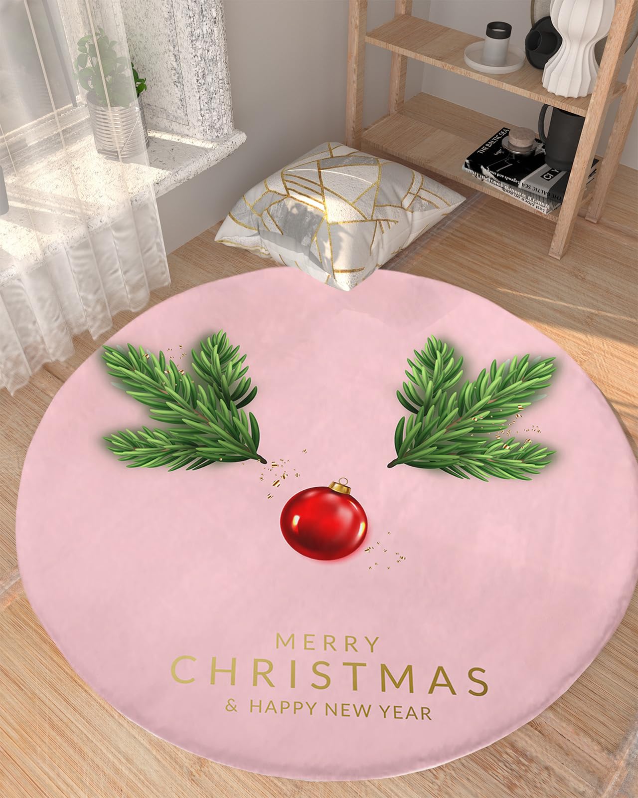 Blush Pink Christmas Fluffy Round Area Rug Carpets 4ft, Plush Shaggy Carpet Soft Circular Rugs, Non-Slip Fuzzy Accent Floor Mat for Living Room Bedroom Nursery Xmas Winter Pine Tree Leaf Green Gold