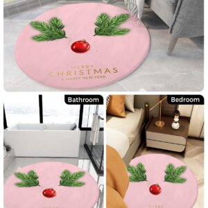 Blush Pink Christmas Fluffy Round Area Rug Carpets 4ft, Plush Shaggy Carpet Soft Circular Rugs, Non-Slip Fuzzy Accent Floor Mat for Living Room Bedroom Nursery Xmas Winter Pine Tree Leaf Green Gold