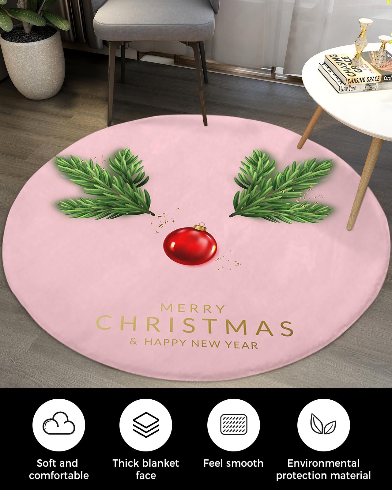 Blush Pink Christmas Fluffy Round Area Rug Carpets 4ft, Plush Shaggy Carpet Soft Circular Rugs, Non-Slip Fuzzy Accent Floor Mat for Living Room Bedroom Nursery Xmas Winter Pine Tree Leaf Green Gold