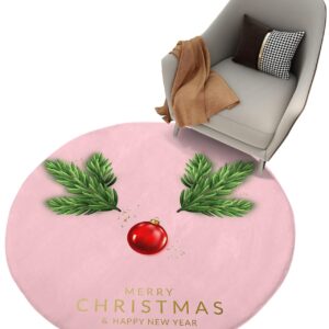 Blush Pink Christmas Fluffy Round Area Rug Carpets 4ft, Plush Shaggy Carpet Soft Circular Rugs, Non-Slip Fuzzy Accent Floor Mat for Living Room Bedroom Nursery Xmas Winter Pine Tree Leaf Green Gold