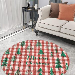 Christmas Fluffy Round Area Rug Carpets 3ft, Plush Shaggy Carpet Soft Circular Rugs, Non-Slip Fuzzy Accent Floor Mat for Living Room Bedroom Nursery Home Decor Vintage Xmas Tree Buffalo Plaid Red