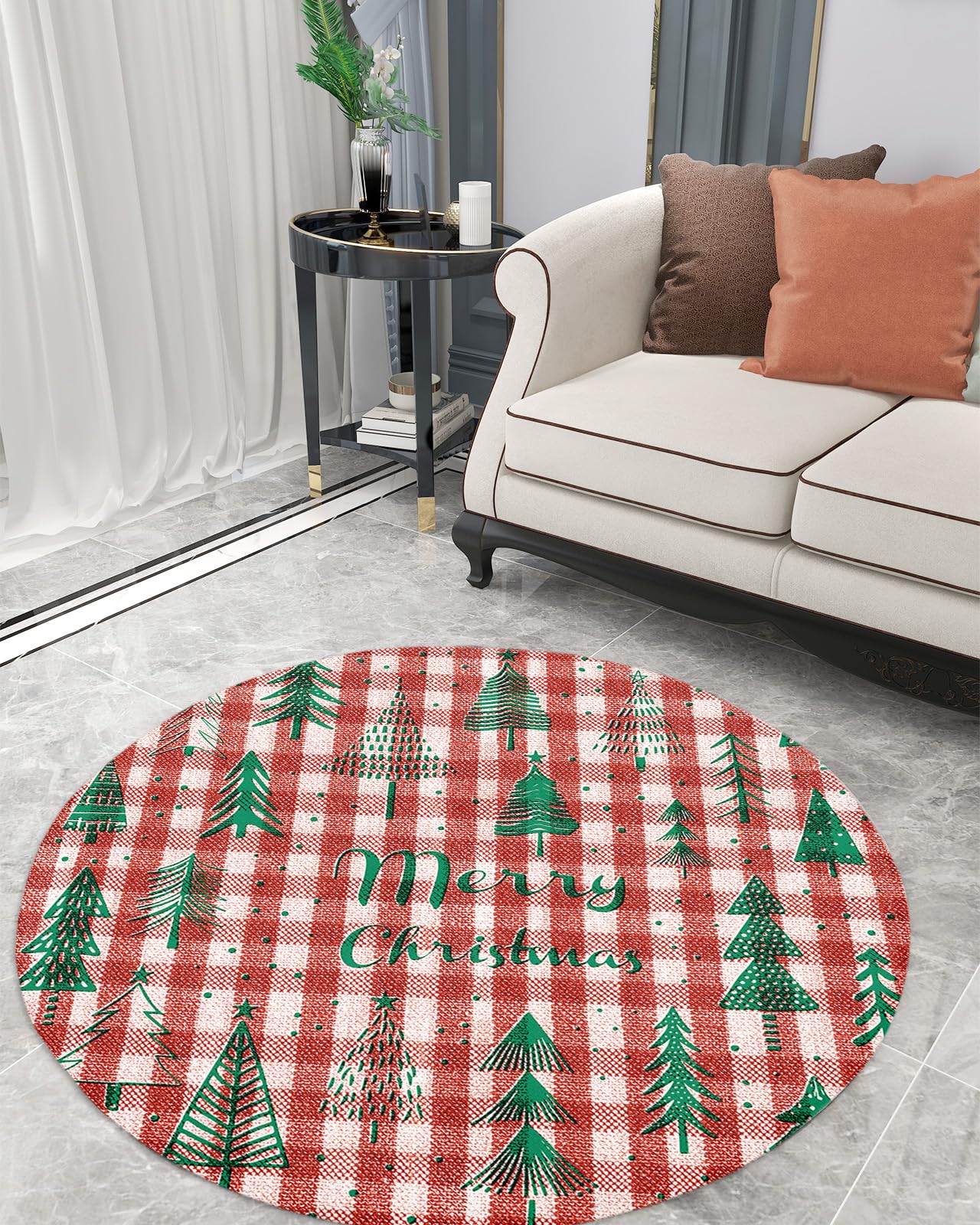 Christmas Fluffy Round Area Rug Carpets 3ft, Plush Shaggy Carpet Soft Circular Rugs, Non-Slip Fuzzy Accent Floor Mat for Living Room Bedroom Nursery Home Decor Vintage Xmas Tree Buffalo Plaid Red