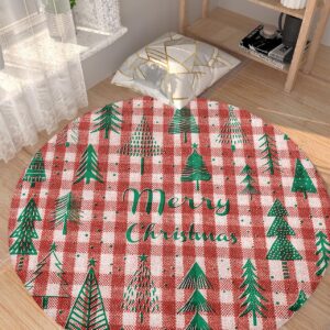 Christmas Fluffy Round Area Rug Carpets 3ft, Plush Shaggy Carpet Soft Circular Rugs, Non-Slip Fuzzy Accent Floor Mat for Living Room Bedroom Nursery Home Decor Vintage Xmas Tree Buffalo Plaid Red