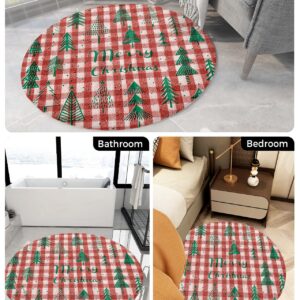 Christmas Fluffy Round Area Rug Carpets 3ft, Plush Shaggy Carpet Soft Circular Rugs, Non-Slip Fuzzy Accent Floor Mat for Living Room Bedroom Nursery Home Decor Vintage Xmas Tree Buffalo Plaid Red