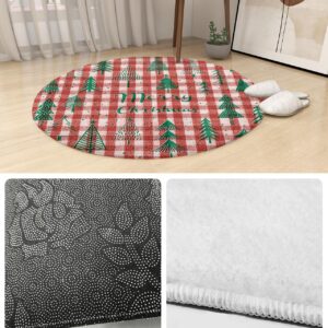 Christmas Fluffy Round Area Rug Carpets 3ft, Plush Shaggy Carpet Soft Circular Rugs, Non-Slip Fuzzy Accent Floor Mat for Living Room Bedroom Nursery Home Decor Vintage Xmas Tree Buffalo Plaid Red