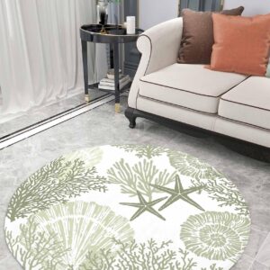 Sage Green Shell Fluffy Round Area Rug Carpets 3.3ft, Plush Shaggy Carpet Soft Circular Rugs, Non-Slip Fuzzy Accent Floor Mat for Living Room Bedroom Nursery Ocean Nautical Starfish Abstract Geometric