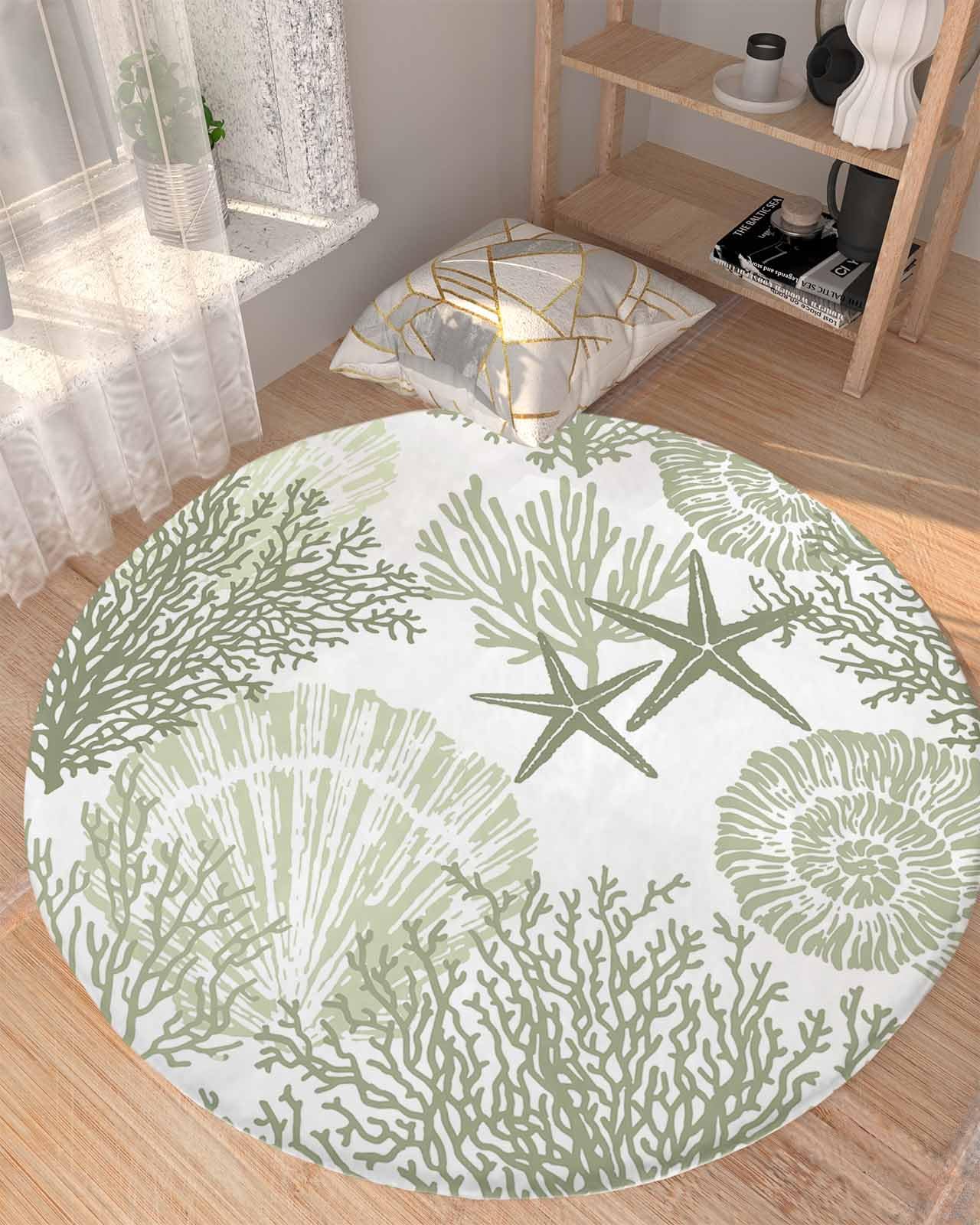 Sage Green Shell Fluffy Round Area Rug Carpets 3.3ft, Plush Shaggy Carpet Soft Circular Rugs, Non-Slip Fuzzy Accent Floor Mat for Living Room Bedroom Nursery Ocean Nautical Starfish Abstract Geometric