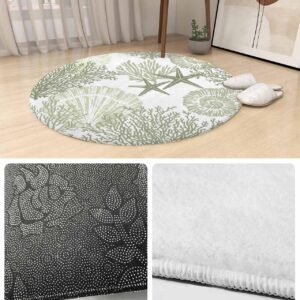 Sage Green Shell Fluffy Round Area Rug Carpets 3.3ft, Plush Shaggy Carpet Soft Circular Rugs, Non-Slip Fuzzy Accent Floor Mat for Living Room Bedroom Nursery Ocean Nautical Starfish Abstract Geometric